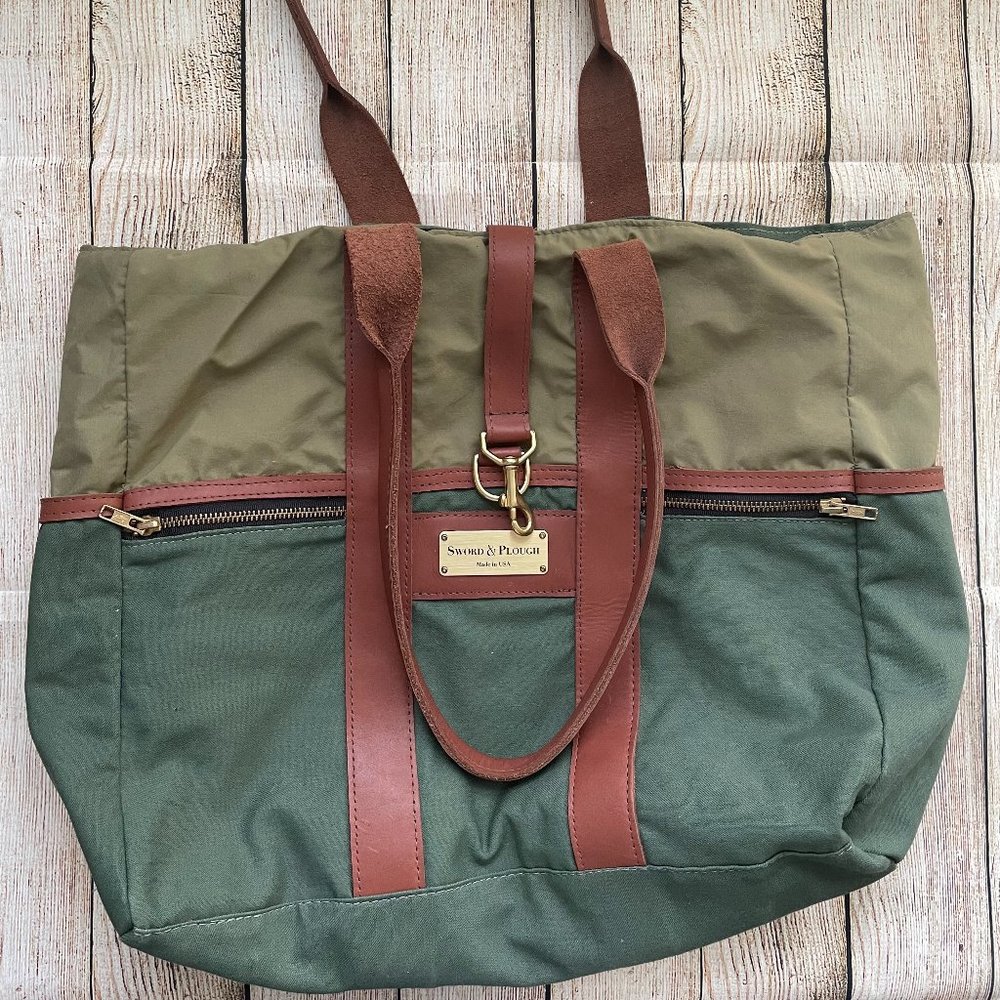 Sword & Plough Signature Green Brown Canvas Leather Zipper Tote Bag Made In USA